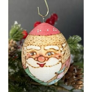 VINTAGE 1990 Hand Painted Austrian Wooden Santa Egg Shaped Christmas Ornament